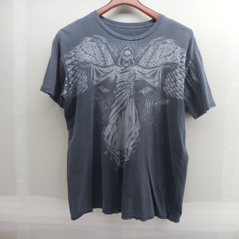 Affliction Mens XL Angel of Death Reaper Graphic T-Shirt Gray Distressed USA